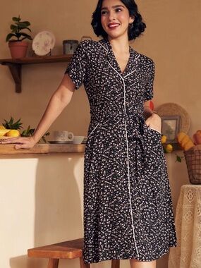 Floral Button-Front Black Dress with Piping